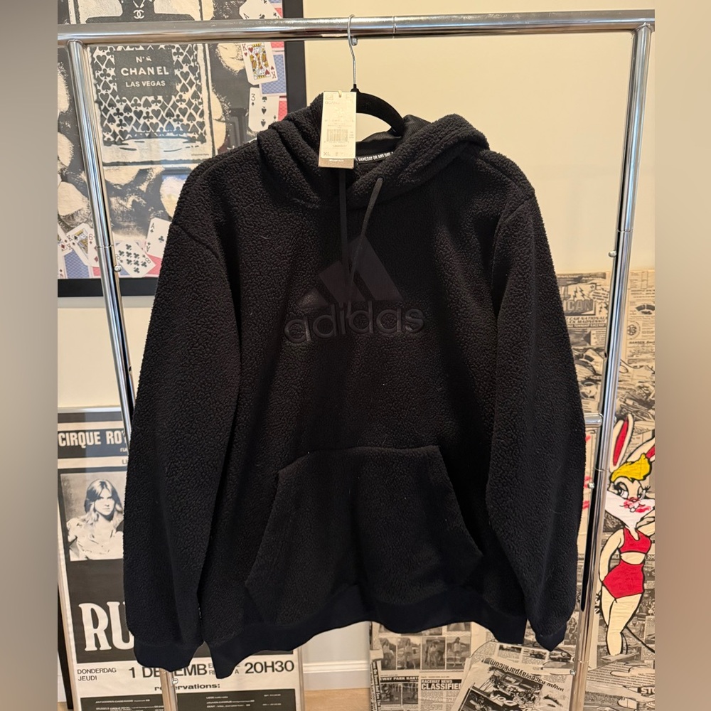 adidas Black Sherpa Logo Pullover Hoodie